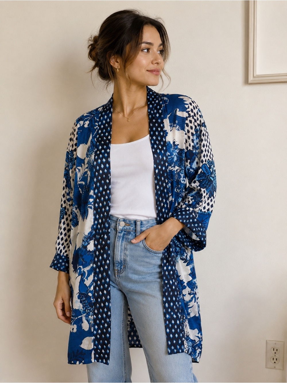 Chico's Reversible Floral Open Cardigan